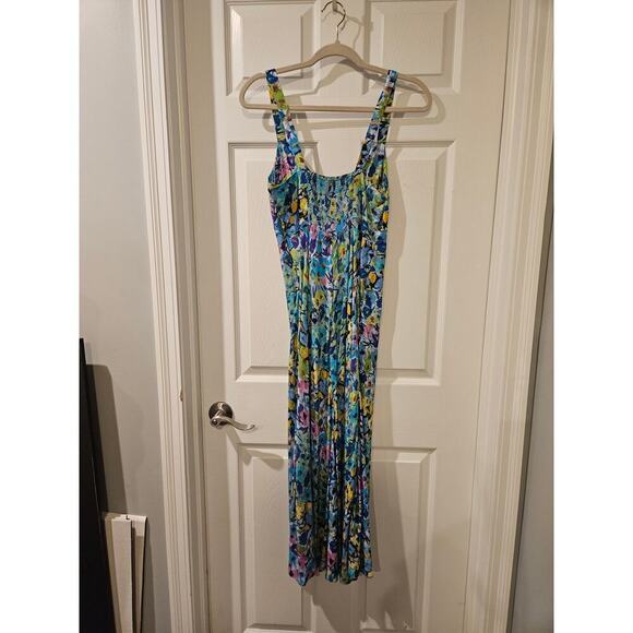 ZARA Floral Midi Sundress Medium Blue Yellow‎ Sleeveless A-Line Smocked Summer - Picture 7 of 7